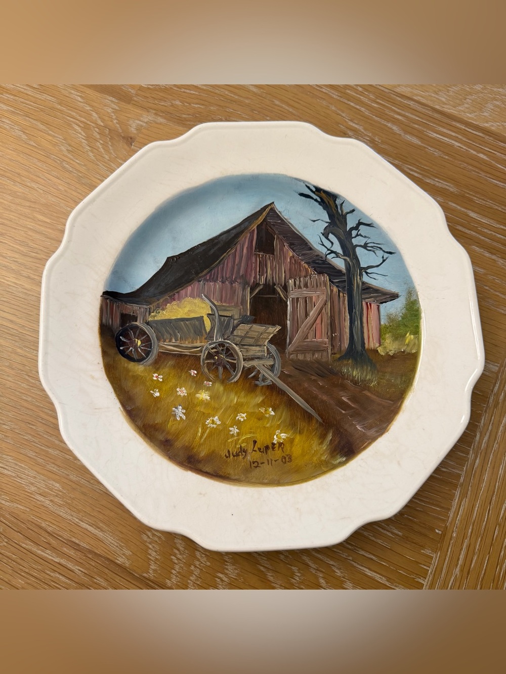 Hand-Painted Rustic Barn Decorative Plate - White